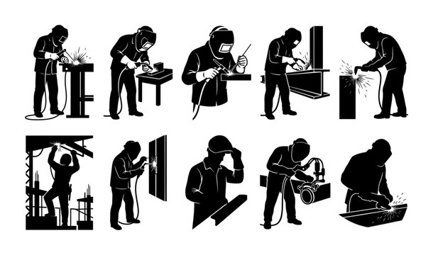 Collection of Industrial Welder Silhouette Icons Representing Professional Construction and Metalworking Fabrication Tasks
