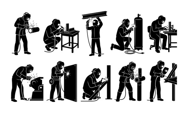 Set of industrial welder workers performing metal construction and heavy manufacturing welding tasks with professional equipment