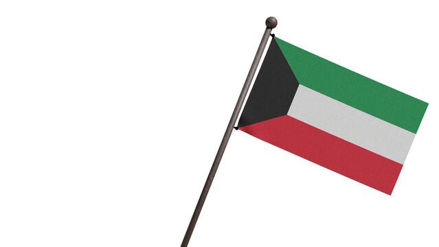 A realistic 3D render of the Kuwait national flag waving on a wooden flagpole, isolated against a transparent background with copy space