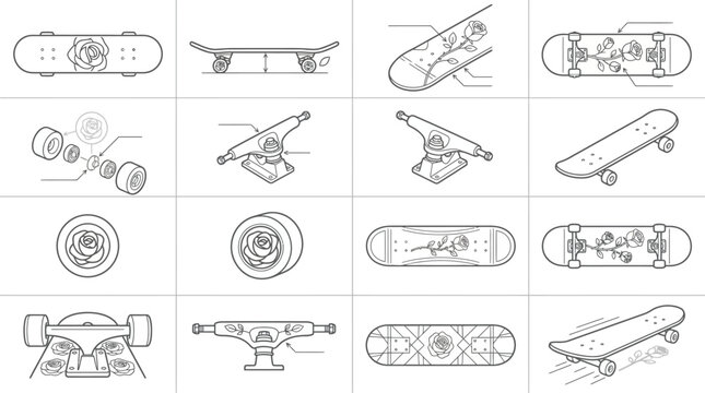 Technical skateboard component exploded view diagrams.