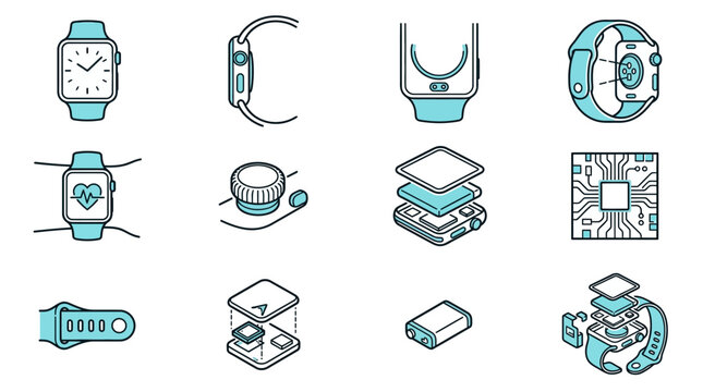 Technical smartwatch hardware line icons.