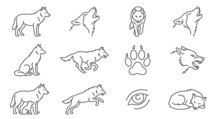 Wolf line art icons featuring poses and paw prints © katokcargo