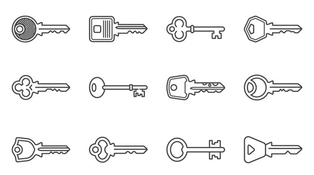 Vintage and modern door key line icon set.