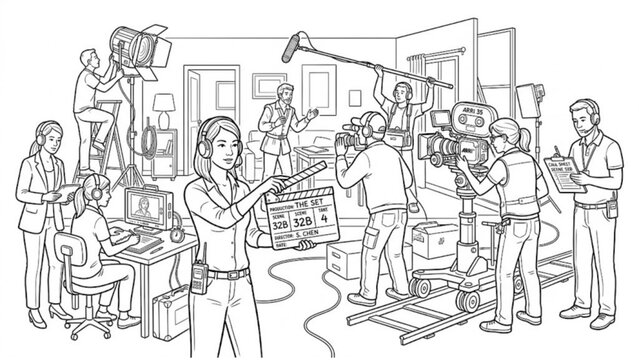 Movie Production Crew Character Vector Set  Film Directors, Camera Operators, and Clapperboard Team Collection