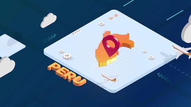 Isometric 3D Render of Peru Map with Red Location Pin Pointer and Floating Airplanes