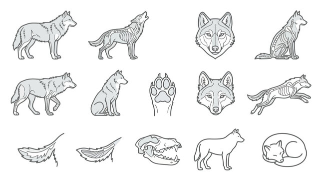 Wolf anatomy and behavioral line art sketch set