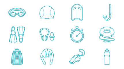 Swimming equipment icons including fins and snorkel. © katokcargo
