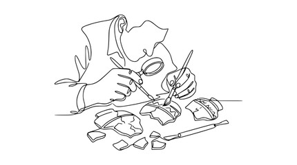 Fototapeta premium Archeologist Restoring Ancient Pottery Fragments with Tools and Magnifying Glass