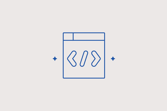 Web browser window displaying code brackets line icon for software company. Precise vector illustration for coding studio, programming course, web developer.