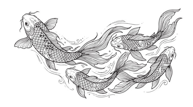 Japanese koi fish line art vector, hand drawn swimming carp illustration, elegant black and white oriental fish pond design for coloring and tattoos