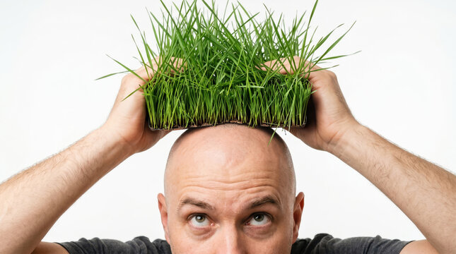 A man stands in a studio with a blank background. He holds a small patch of grass on top of his bald head. His gaze is directed upward as he poses for the camera