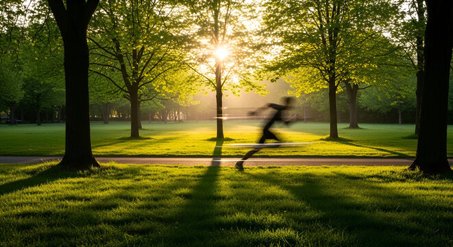 Motion blurred runner in a sun-drenched park with lush green grass and trees at sunrise or sunset