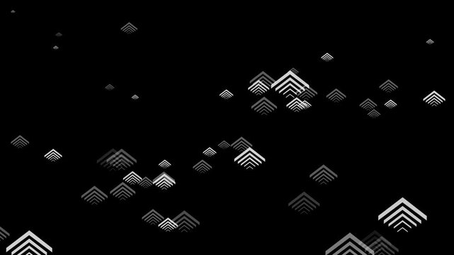 Black background with scattered neon chevron/arrow-shaped layered icons animation