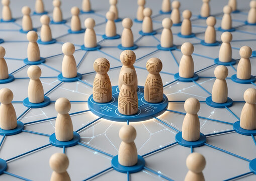 Teamwork and Network Concept &ndash; Wooden Peg Figures Connected by Blue Lines, Collaboration, Social Structure, Interpersonal Communication