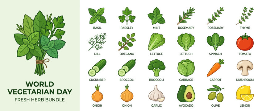 Vegetable and Herb Icon Set for World Vegetarian Day