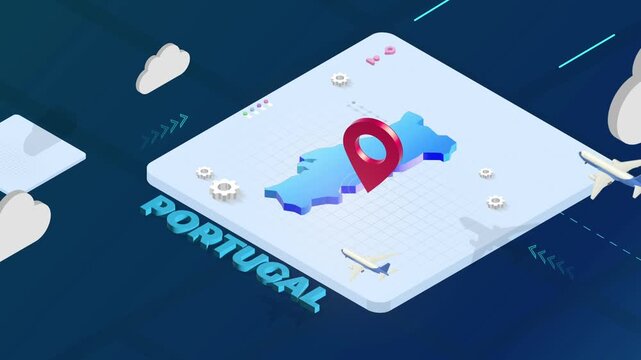 Isometric 3D Render of Portugal Map with Red Location Pin Pointer and Floating Airplanes