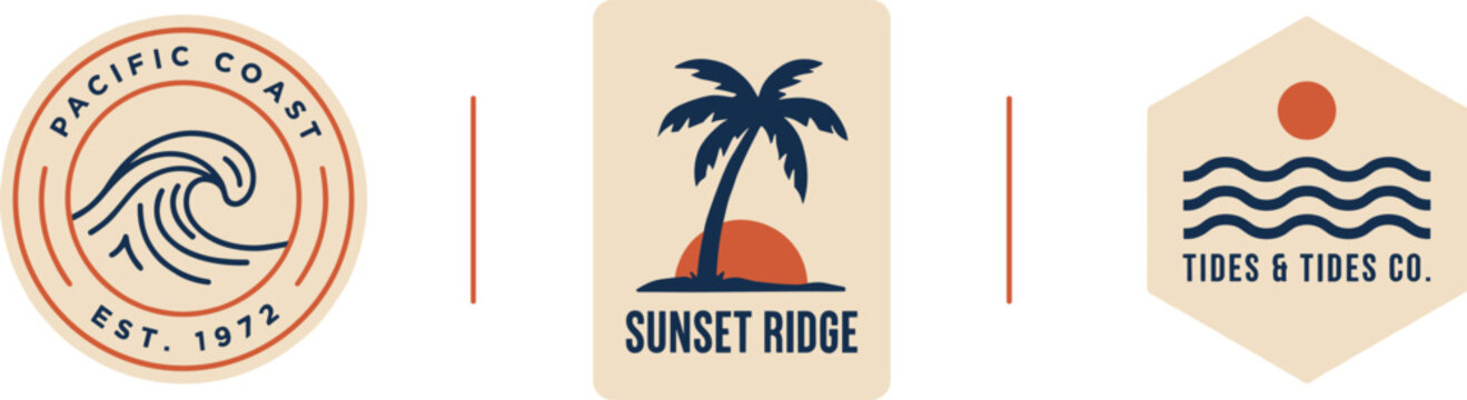 Vintage beach badge vector logo set featuring retro pacific coast wave sunset ridge palm tree and tides ocean waves graphics for apparel design
