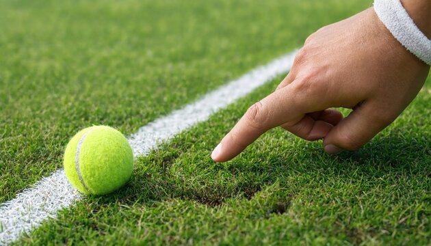 Hand checking tennis ball mark on grass court