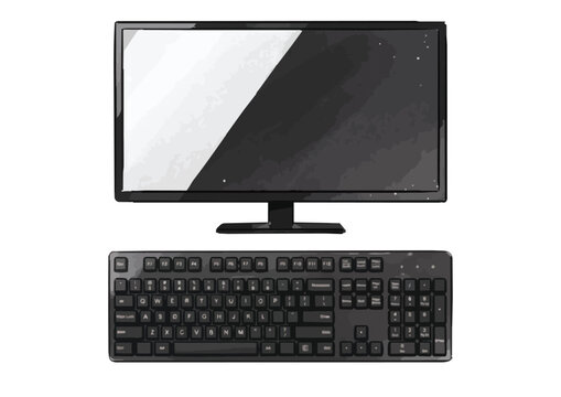 Item-style minimalist desktop computer illustration, elegant watercolor PC monitor with glossy textures and soft bleeds for creative technology branding ／ シズル感のあるパソコン・周辺機器のイラスト