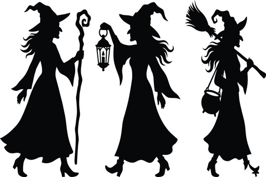 Black silhouettes of three witches with magic staffs and lantern