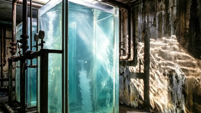Abstract 3D animation of a glowing transparent water tank bubbling in a dark, weathered industrial basement setting