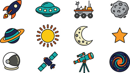 Outer Space Exploration Vector Icon Set with Rocket Ship, UFO, Rover, Telescope, Astronaut Helmet, Planets, and Galaxy Elements for Science Designs © Ismail