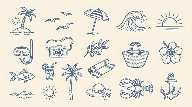 Summer beach vacation icons set hand drawn doodle vector illustration tropical travel elements