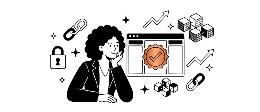 Website verification security concept illustration featuring professional woman managing digital trust badge seals, blockchain data nodes, and encryption locks for secure corporate growth systems now.