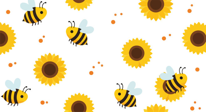 Cute Bees and Sunflowers Pattern: A charming illustration featuring a repeating pattern of adorable bees buzzing around cheerful sunflowers, perfect for spring and summer themes.