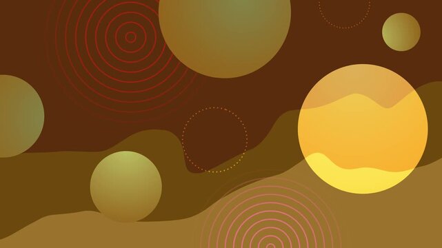 Abstract space with large glowing circles and concentric ripple patterns over layered wavy shapes animation