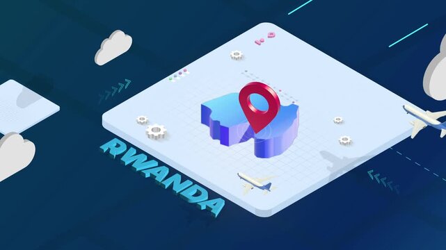 Isometric 3D Render of Rwanda Map with Red Location Pin Pointer and Floating Airplanes