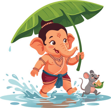 Baby Ganesha in Rain with Leaf Umbrella Mouse with Modak