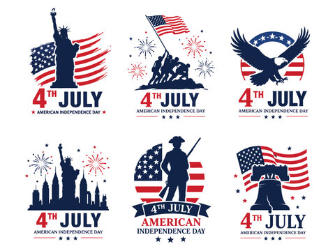 Set of six vintage american independence day 4th of july celebration emblems with flags and symbols