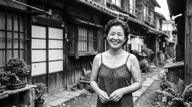 昭和の日本人女性：昭和40年代の暑い夏の長屋や路地裏を背景に、シミーズ姿で自然な笑顔を浮かべる50代日本人女性のモノクロバストアップポートレート
