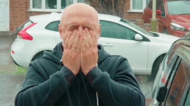Man wiping rain water from face during heavy downpour in residential neighborhood. Middle aged male wearing dark hoodie standing near parked cars and suburban homes in wet weather. Urban lifestyle