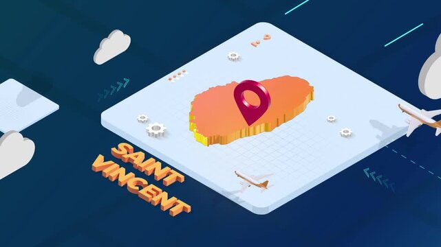 Isometric 3D Render of Saint Vincent Map with Red Location Pin Pointer and Floating Airplanes