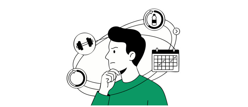 Fitness planning routine workout schedule illustration of a thinking man planning a healthy lifestyle habit loop with dumbbell, calendar and hydration icons for wellness habit tracking and goals.