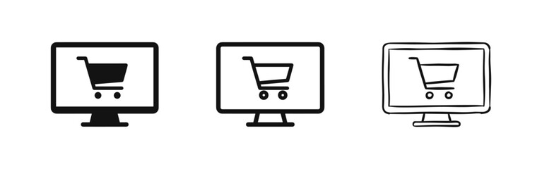 Online shopping cart on computer screen icon set © drawing lines
