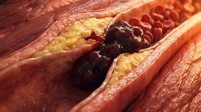 Close up view of a diseased artery with plaque buildup and blood clots obstructing flow