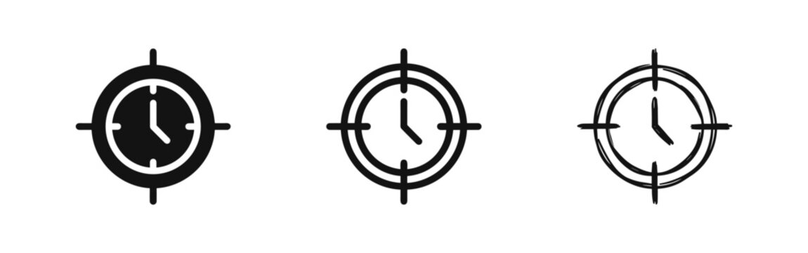 Time target icon set, clock inside crosshair