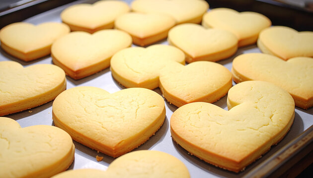 Freshly Baked Heart Shaped Butter Cookies on a Baking Tray