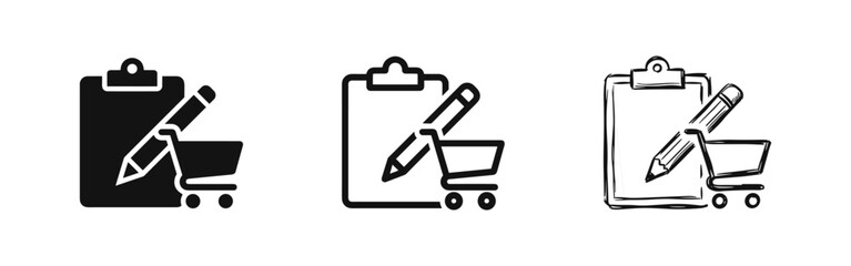 Clipboard with pencil and shopping cart icons set, planning and shopping list © drawing lines