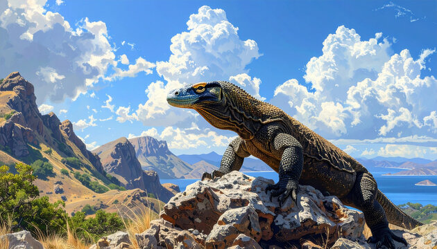 Komodo Dragon Perched on Rocks overlooking Tropical Island Coast