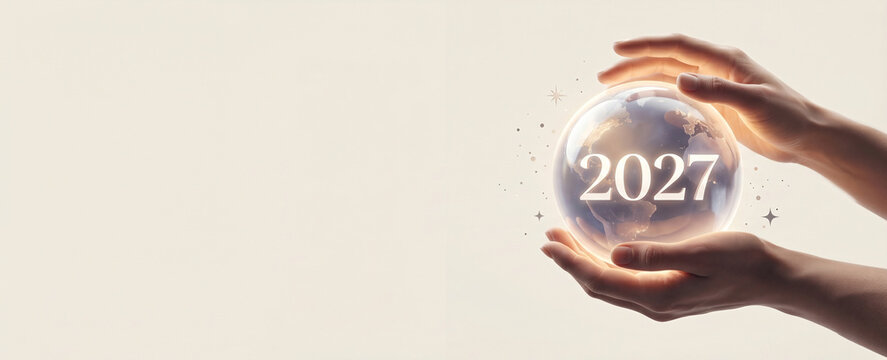 Human hands holding a glowing crystal globe featuring the year 2027 planning prediction anticipation