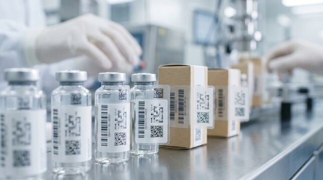 Pharmaceutical vials and boxes with QR codes on a sterile laboratory production line