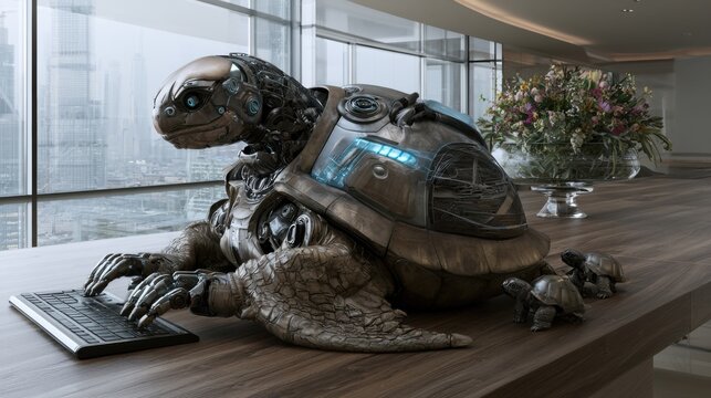 The robotic turtle has advanced metallic components, glowing blue LED accents, intricate cybernetic shell details, and intelligent eyes focused on the monitor. 