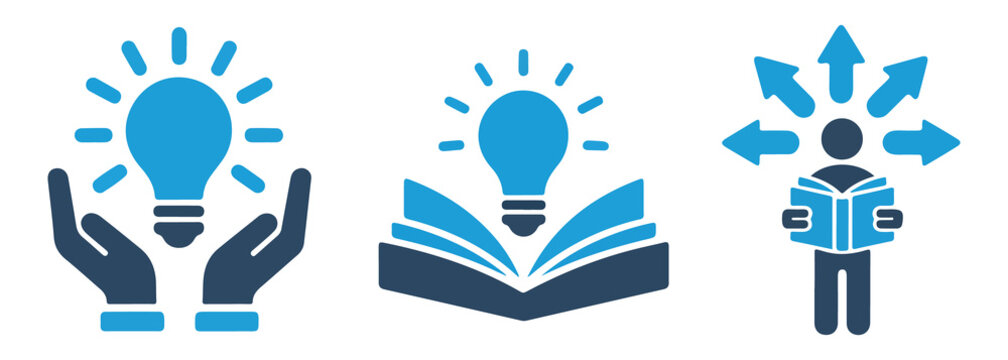 Three blue and dark blue depicting ideas knowledge and decision making