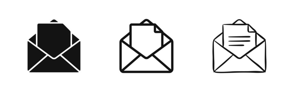 Open envelope with letter icon set, email, mail, message, post symbols, solid, line and sketch styles