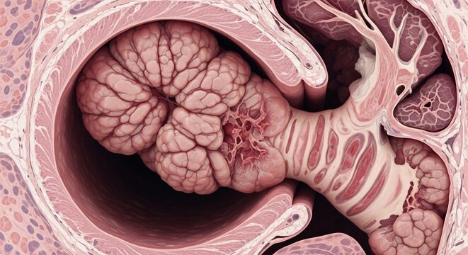 Microscopic view of lung alveoli structure with branching bronchioles and surrounding tissue