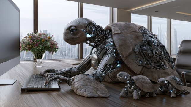 The robotic turtle has advanced metallic components, glowing blue LED accents, intricate cybernetic shell details, and intelligent eyes focused on the monitor. 
